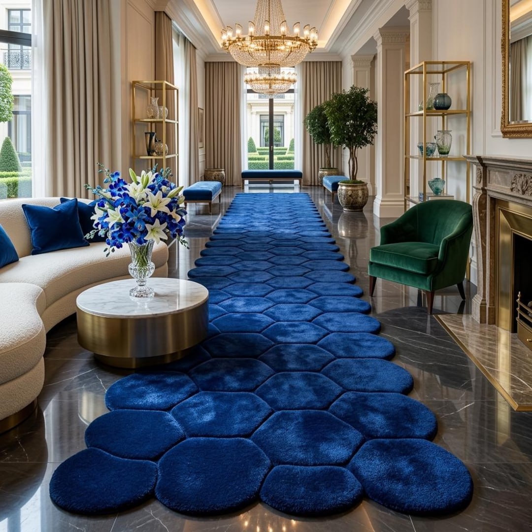 Blue Hall Rug Royal Blue Hand Tufted Runner Rug - 3D Geometric Honeycomb Carpet for ...
