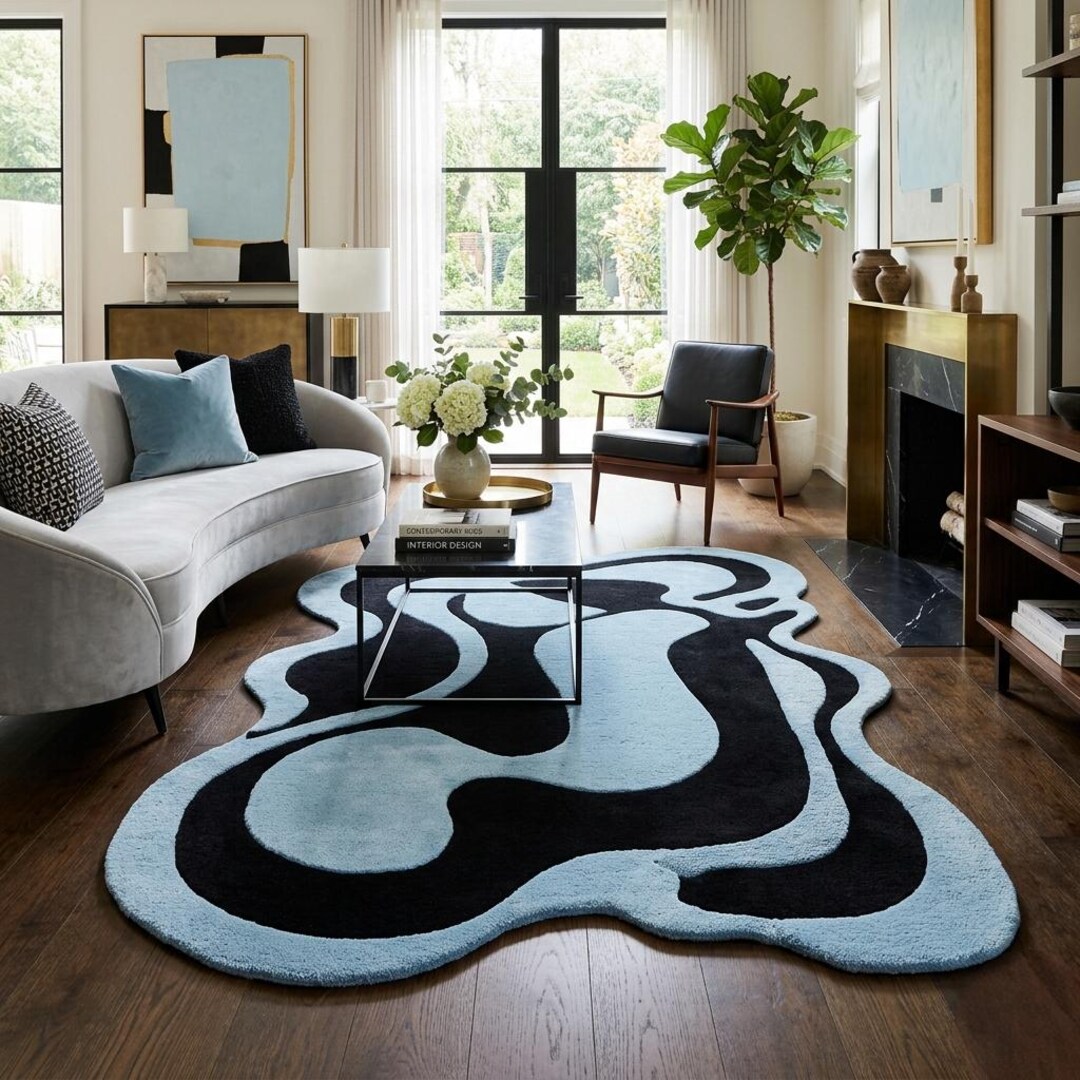 Hand Tufted Abstract Blue and Black Rug Organic Shape Area Rug Modern ...
