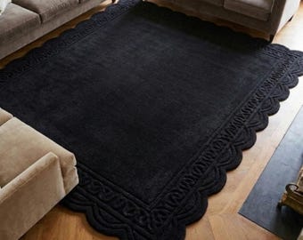 Black Hand-Tufted Wool Rug with Decorative Sculpted Border – Luxury Living Room Area Rug