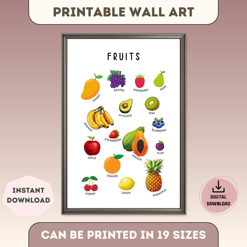Fruits Printable Poster for Kids, Fruit Learning Chart, Preschool ...