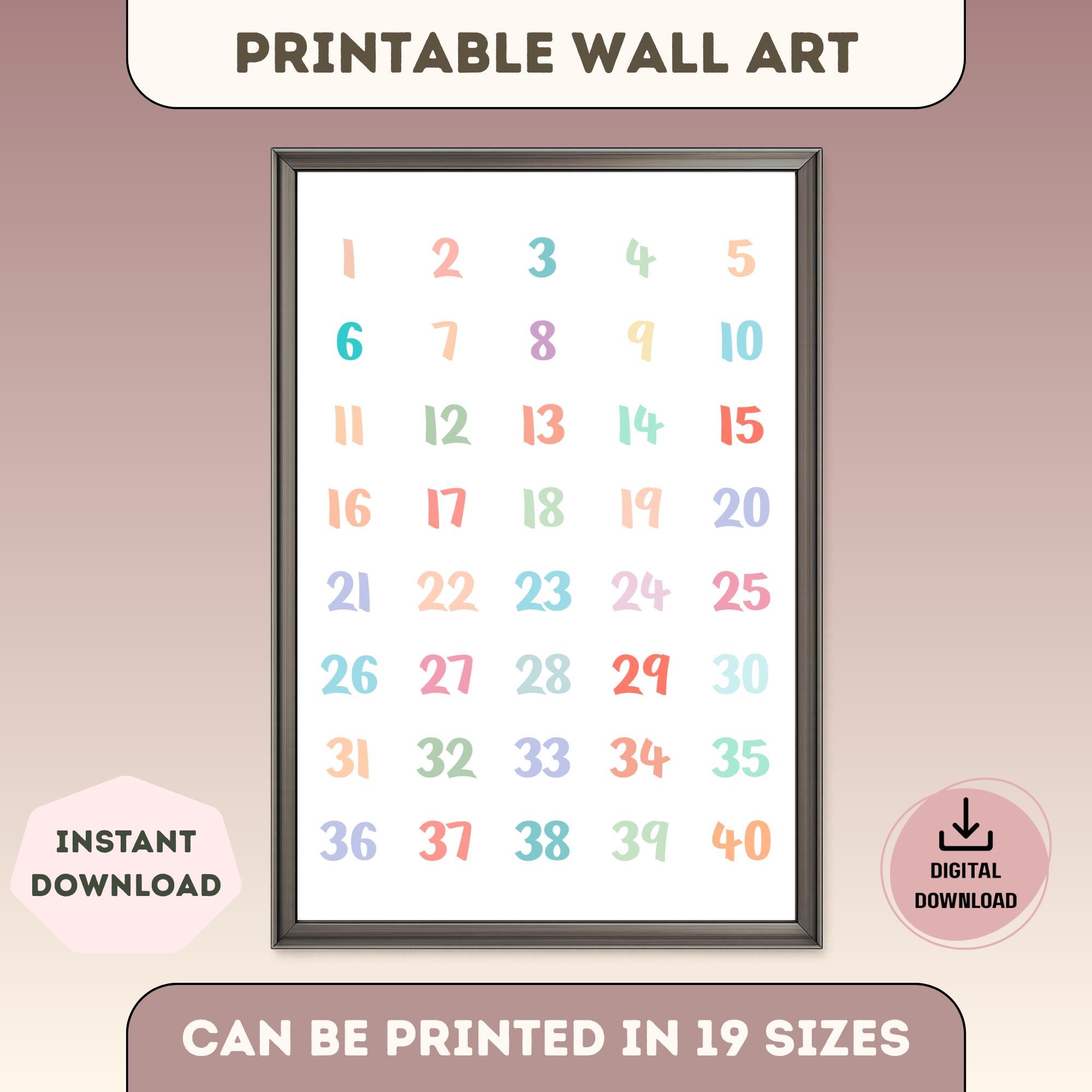 Numbers 1 to 40 Printable Poster, Preschool Number Chart, Kids Learning
