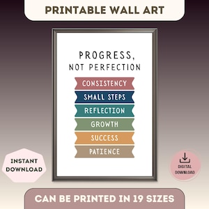 May include: Framed wall art with the text "PROGRESS, NOT PERFECTION." Below, colorful banners list "CONSISTENCY," "SMALL STEPS," "REFLECTION," "GROWTH," "SUCCESS," and "PATIENCE." Includes "INSTANT DOWNLOAD" and "DIGITAL DOWNLOAD" icons. The art can be printed in 19 sizes.