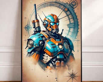 Mecha Wall Art Printable | Cyberpunk Armored Robot Poster | Blueprint Digital Download | AEGIS PROTOTYPE SENTINEL