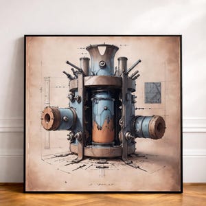 May include: A framed print featuring a detailed illustration of a complex mechanical device. The artwork showcases a combination of blue, brown, and metallic gray tones, with intricate details and a vintage aesthetic. The background is a sepia-toned paper.