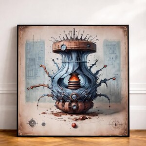 May include: A framed print featuring a steampunk-style illustration. The artwork depicts a complex, mechanical structure in shades of brown, blue, and orange, with a vintage paper background. The design includes intricate details and a splash-like effect.