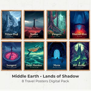 Könnte beinhalten: Ein Set aus acht rechteckigen Reiseplakaten mit Fantasielandschaften und dem Text Helm's Deep, Mordor, Fangorn, Khazad-dûm, Isengard, Dead Marshes, Moria und Dol Guldur. Die Sammlung trägt den Titel Middle Earth Lands of Shadow 8 Travel Posters Digital Pack.