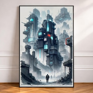 May include: Futuristic cityscape art print featuring towering structures with neon blue and red accents. A lone figure walks down a debris-filled street, with other buildings in the background. The artwork is framed in a black border.