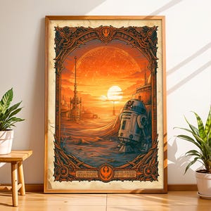Pode incluir: Uma impressão de arte de parede retangular emoldurada apresentando uma paisagem de ficção científica com um pôr do sol laranja brilhante, dois sóis e um droide cilíndrico azul e branco em primeiro plano. A cena é cercada por uma borda decorativa marrom.