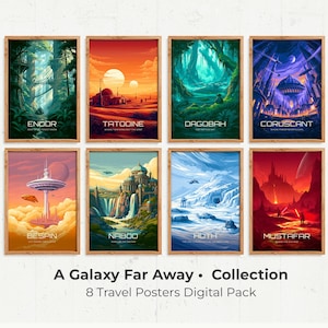 Könnte beinhalten: Eine Sammlung von acht gerahmten Reiseplakaten mit lebendigen Illustrationen von Planeten aus einer weit, weit entfernten Galaxie. Jedes Poster zeigt einen anderen Ort, darunter Endor, Tatooine, Dagobah und Coruscant, mit dem Text "A Galaxy Far Away Collection".