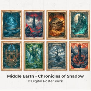 以下が含まれることがあります： Middle Earth Chronicles of Shadowと題された8枚の長方形のデジタルポスターセット。各ポスターには、暗い塔、金の上に座るドラゴン、森の生き物、古代の石造りの建造物など、詳細なファンタジーのイラストが描かれています。