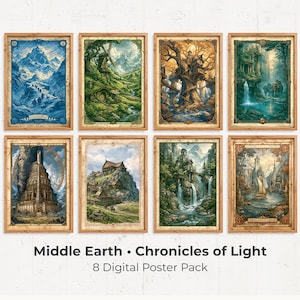 May include: A set of eight rectangular digital posters titled Middle Earth Chronicles of Light. Each poster features detailed fantasy landscapes, including snowy mountains, lush green forests, ancient stone towers, and coastal scenes in varied colour palettes.