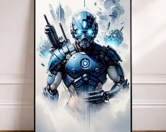 Mecha Wall Art | Cyberpunk Blue Robot Poster | Sci-Fi Futuristic Digital Download | DYSTOPIAN BLUE SENTINEL