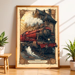 May include: A framed vertical poster featuring a detailed illustration of a red steam locomotive at a train station. The train has the text Hogwarts Express and 5972 on the front. A sign on the building wall reads Platform 9 3/4. The scene includes billowing white steam and intricate decorative borders.