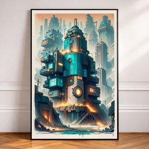 May include: Art print of a futuristic cityscape, showcasing a central teal and orange building with multiple levels and glowing accents. The artwork presents a detailed, stylized depiction of a sci-fi metropolis with towering structures and a vibrant colour palette.