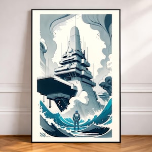May include: A framed art print depicting a futuristic naval scene. A person stands in the ocean, facing a large, stylized warship. The artwork uses shades of blue and gray, with dynamic waves and cloud formations.