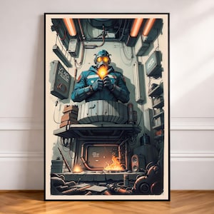 Könnte beinhalten: Gerahmter Druck einer futuristischen Szene. Eine Person in blauer Uniform und Helm hält ein helles Licht. Der Hintergrund zeigt eine detaillierte Werkstatt mit Rohren, Maschinen und dem Text "JE AC PILIUM".