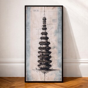 May include: Framed art print showing a black and white illustration of a multi-tiered pagoda. The artwork is set against a vintage-style paper background with architectural blueprint elements and watercolour accents. The frame is black.