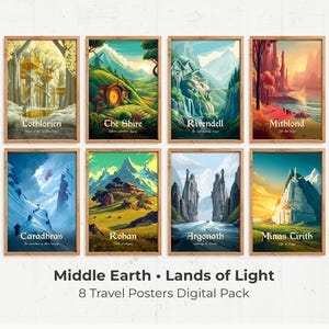May include: A set of eight rectangular travel posters featuring illustrations of Middle Earth locations including Lothlórien, The Shire, Rivendell, Mithlond, Caradhras, Rohan, Argonath, and Minas Tirith, with the text Middle Earth Lands of Light 8 Travel Posters Digital Pack.