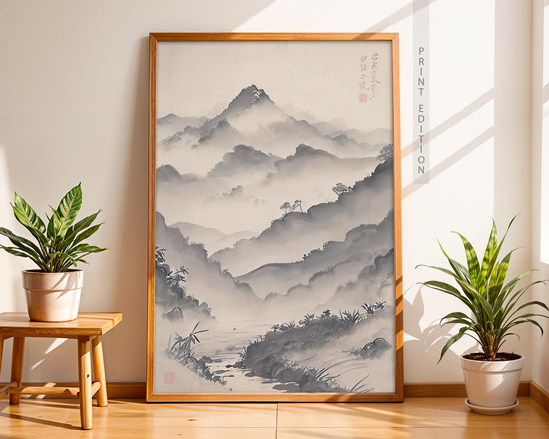 Japanese Ink Wall Art Print, Sumi-e Misty Valley Landscape Poster, Zen ...