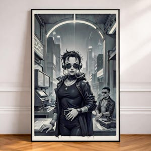 Cyberpunk Girl Wall Art, Dark Leather Hacker Sci-Fi Noir Poster, Digital Download, BACK CHANNEL