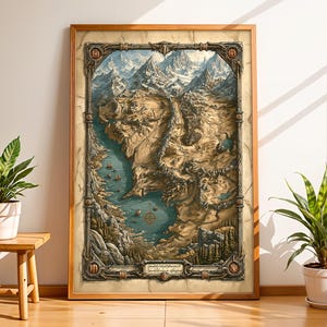 May include: A framed vertical wall art print featuring a detailed fantasy map of a mountainous coastal region with snow-capped peaks, a large bay with small ships, and a compass rose, all enclosed in an ornate, weathered stone-textured border.