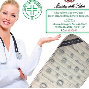 Peut inclure: Présentation d'un dispositif médical, le matelas anti-douleur "BIOFARMANTALGIC PLUS". L'image comprend du texte en italien, un médecin en blouse blanche et un symbole médical vert et blanc.
