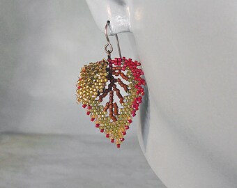 Fall Double Leaf Earrings, Autumn Earrings, Handmade Seed Beaded, Mirror Image,  Russian Style Fall Leaf Earrings, Fall Gift for Her