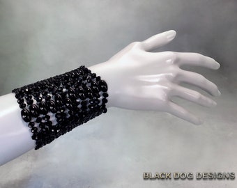 Black Glass Beadwoven Cuff Bracelet,   7" Long, 3" Wide,   A Wicked "One Of A Kind" Bracelet