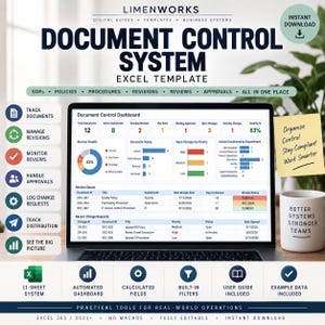 May include: A laptop screen displaying a Document Control System Excel template dashboard with charts, tables, and status metrics. The interface includes sections for document status, review queues, and change requests, alongside a list of system features.