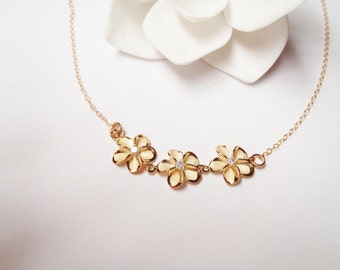 Three Hawaiian Plumeria 14k Gold Vermeil Charms, 14k Gold Filled Chain Necklace