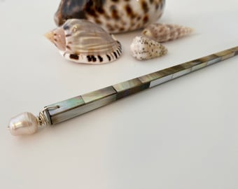 Black Lip Shell Hair Stick White Freshwater Pearl Sterling Silver