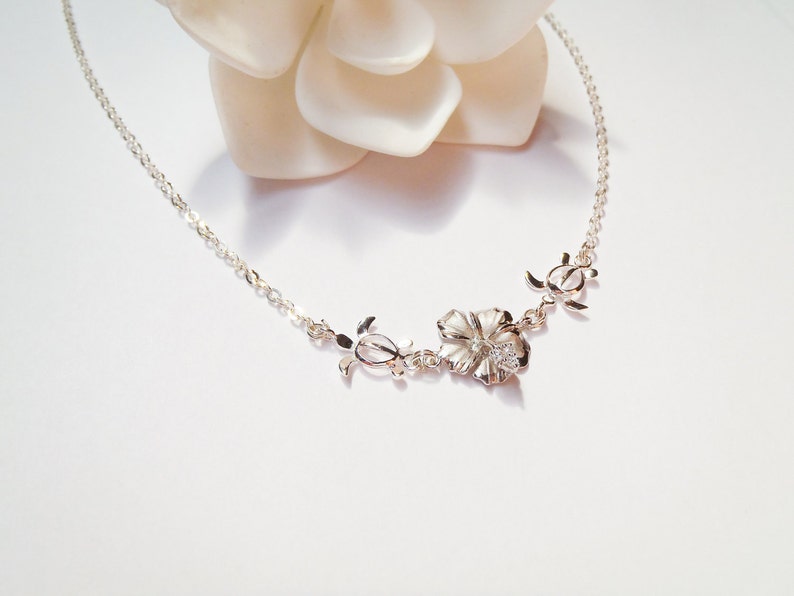 Hawaiian Trutle Hibiscus Sterling Silver Charms, Delicate Sterling Silver Chain Necklace image 3