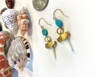 Boucles d'oreilles en dents de requin turquoise dorées