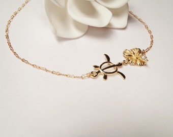 14k Gold Vermeil Turtle and Hibiscus Charms 14k Gold Chain Necklace Made in Hawaii