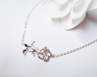 Sterling Silver Turtle and Hibiscus Charms Sterling Silver Chain Necklace Made in Hawaii