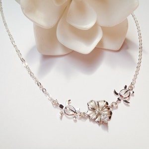 Hawaiian Trutle Hibiscus Sterling Silver Charms, Delicate Sterling Silver Chain Necklace image 2