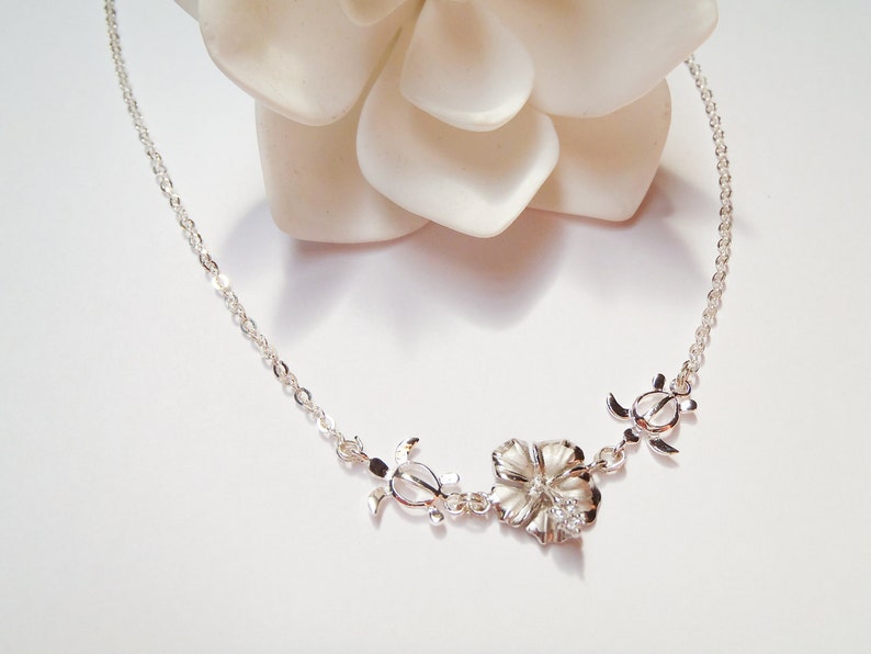Hawaiian Trutle Hibiscus Sterling Silver Charms, Delicate Sterling Silver Chain Necklace image 2