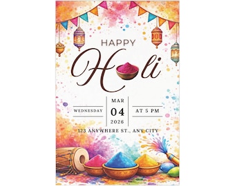 Invitación a la fiesta Holi de acuarela, festival indio, plantilla editable (descarga en PDF)