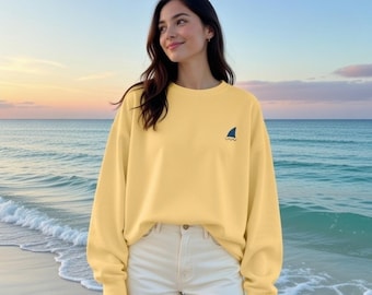 Sudadera amarillo mantequilla, cuello redondo con estampado tropical, sal en el aire, felpa costera