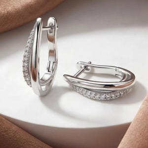 Sterling Silver Hoop Earrings, Double Wave CZ Huggie Hoops Gift for Her