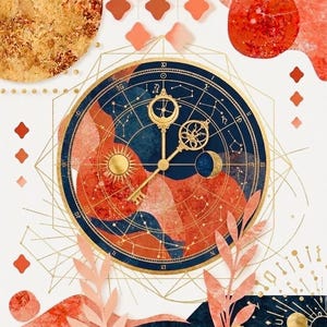Peut inclure: Une illustration numérique présentant un cadran d'horloge circulaire central avec des aiguilles et une clé dorées, entouré de motifs célestes, de constellations et de lignes géométriques. La palette de couleurs inclut bleu marine, corail et or.