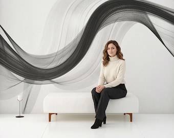 Papel pintado abstracto moderno / Mural de pared autoadhesivo de líneas fluidas en blanco y negro / Paneles de 101,6 cm (40") / Removible, ideal para inquilinos / Tela lisa