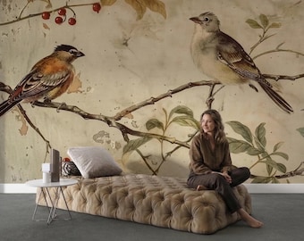 Vintage Floral Wallpaper | Rustic Bird Branch Peel & Stick Wall Mural | 40" Panels | Removable Renter Friendly | Smooth Canvas Fabric
