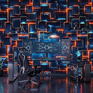 May include: A gaming setup featuring a black ergonomic chair, a glass desk with a computer tower, and three monitors displaying circuit board graphics. The wall is covered in dark blue and orange glowing geometric square patterned wallpaper.