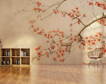 Carta da parati con fiori di ciliegio / Murale adesivo botanico Sakura, beige neutro