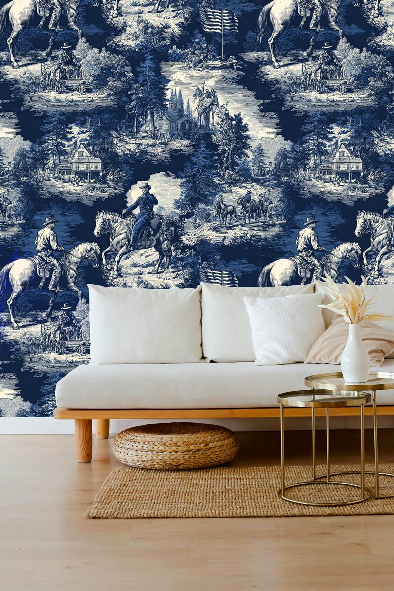 Vintage Cowboy Toile Wallpaper, Blue Western Seamless Pattern for ...
