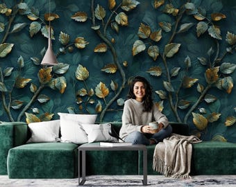 Gold Leaf Botanical Wallpaper | Dark Teal Vine Peel & Stick Wall Mural | 40" Panels | Removable Renter Friendly | Smooth Fabric Canvas