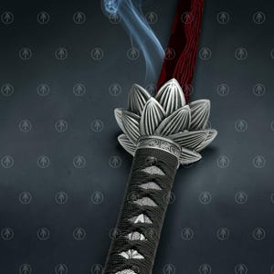 May include: A sword with a deep red blade and a silver lotus-shaped guard. The handle is wrapped in black cord over a textured white base. Wisps of smoke rise from the blade, which features a dark, wavy pattern along its length.