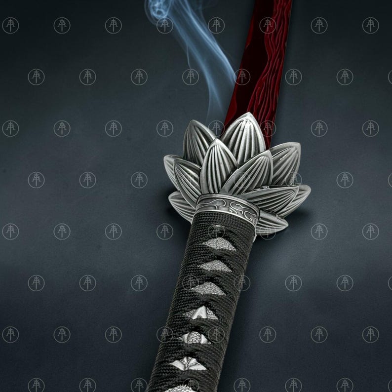 May include: A sword with a deep red blade and a silver lotus-shaped guard. The handle is wrapped in black cord over a textured white base. Wisps of smoke rise from the blade, which features a dark, wavy pattern along its length.