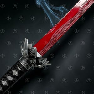 May include: A sword with a vibrant red blade featuring a wavy pattern and a metallic silver lotus-shaped guard. The handle is wrapped in black cord with a textured diamond pattern. Wisps of smoke rise from the blade against a dark background.